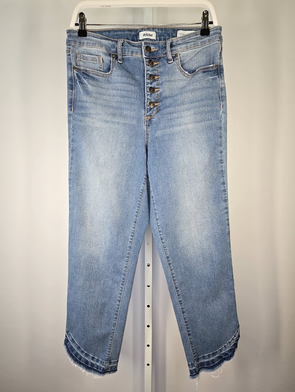 Delaluz High Rise Straight Crop Stretch Jeans Curved Fringe Released Hem Size 10